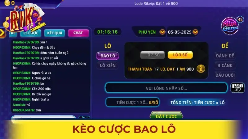 Giao diện đặt cược bao lô trong Lô đề Rikvip